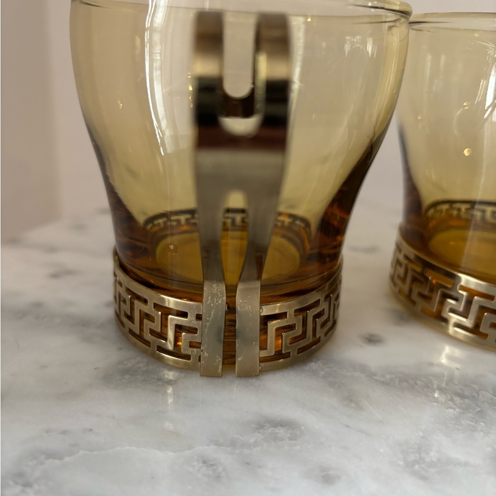 2 Vintage MCM Libbey Amber Glass Continental Cup w Gold Metal Greek Key Handles - Picture 6 of 12